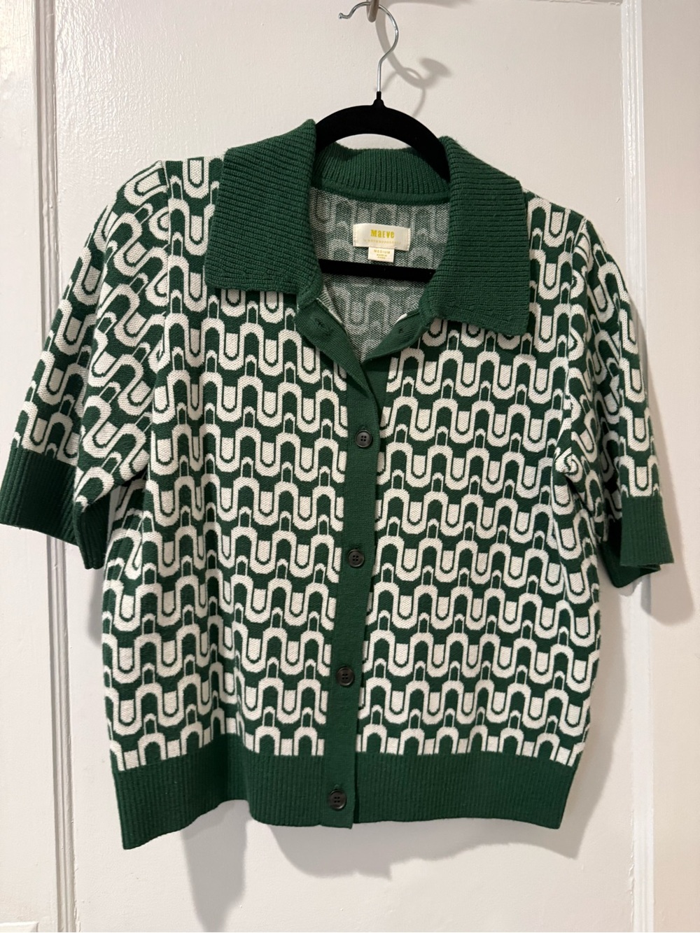 Maeve for Anthropologie Medium Green & White Geometric Knit Button-Up Cardigan E